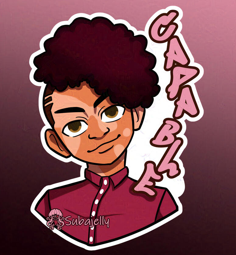 A brown-skinned Black kid with vitiligo has their hair styled in a braided Mohawk. They also wear a dark button up shirt. Their affirmation is Capable.
