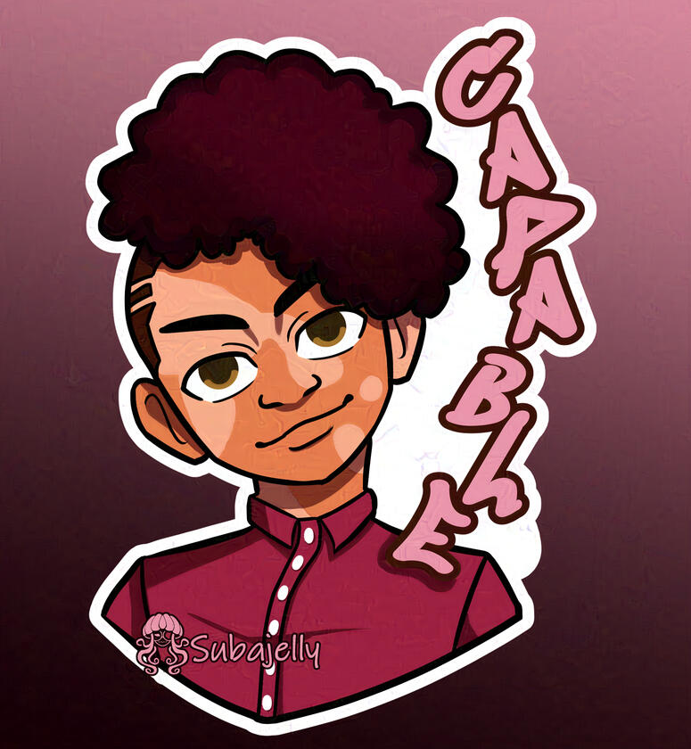 A brown-skinned Black kid with vitiligo has their hair styled in a braided Mohawk. They also wear a dark button up shirt. Their affirmation is Capable.