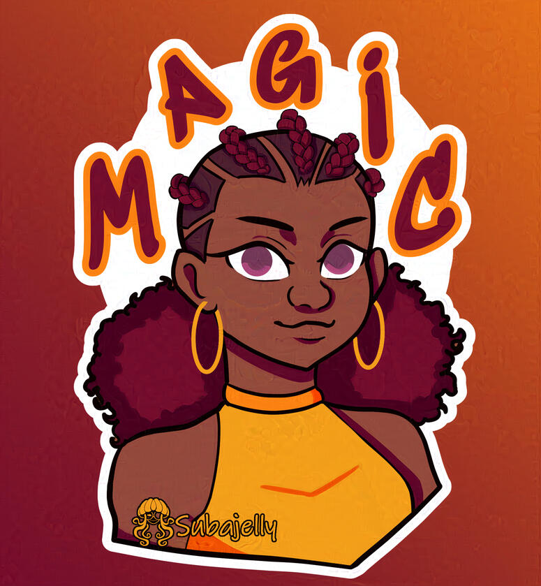 A darker-skinned Black girl wears a halter top and hoop earrings. Her hair is styled in cornrows with two big puffs in the back. Her affirmation is Magic.