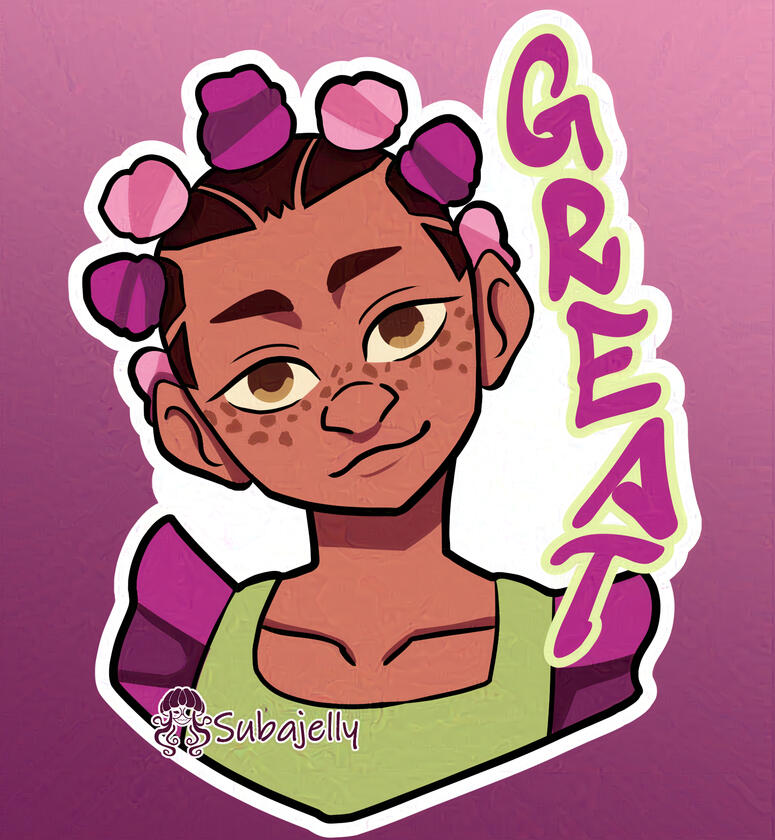 A lighter-skinned Black girl wears a sleeveless dress with ruffles at the shoulders. Her hair is styled in Bantu knots. Her affirmation is Great.