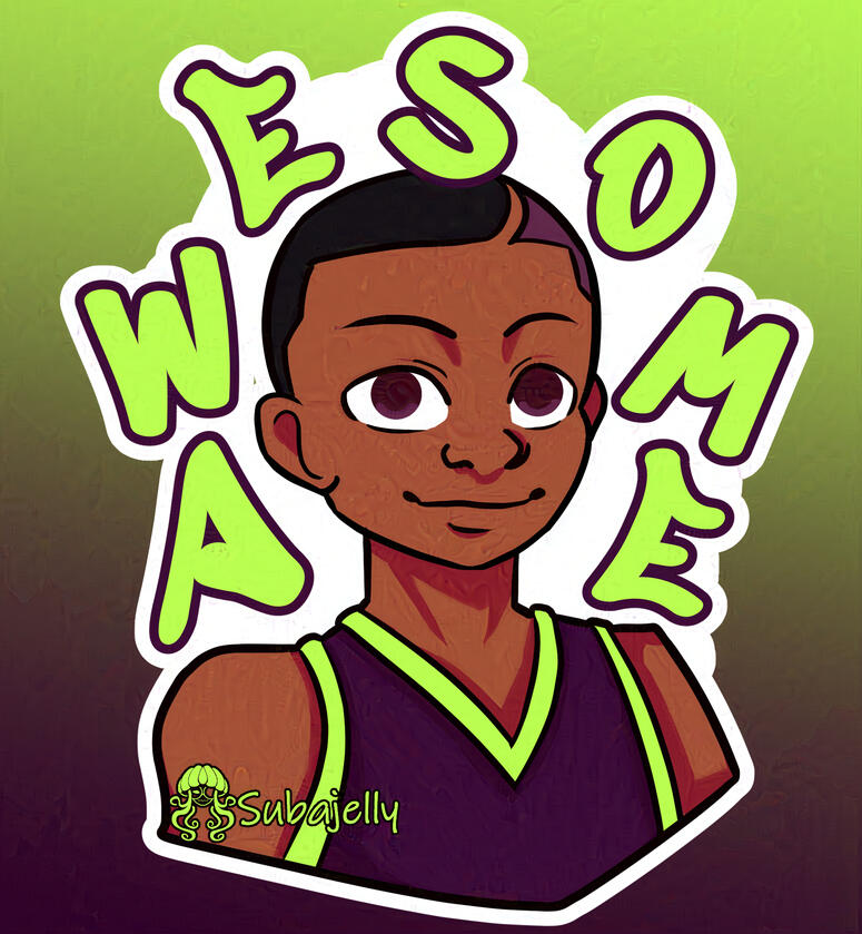 A brown-skinned Black boy with a low fade smiles in his basketball jersey. His affirmation is Awesome.