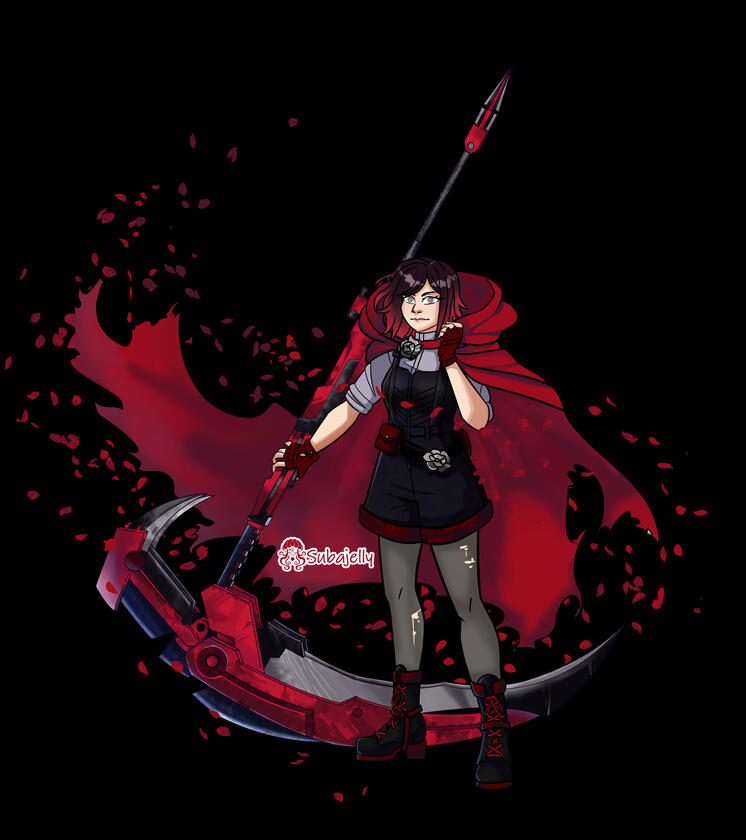 Ruby Rose Vol 4 Ruby Rose stands with her tattered cloak billowing around her. as she holds her hood back with one hand and holds out her scythe with another. She wears a pair of overalls over a short-sleeved button-up shirt, gloves and combat boots.