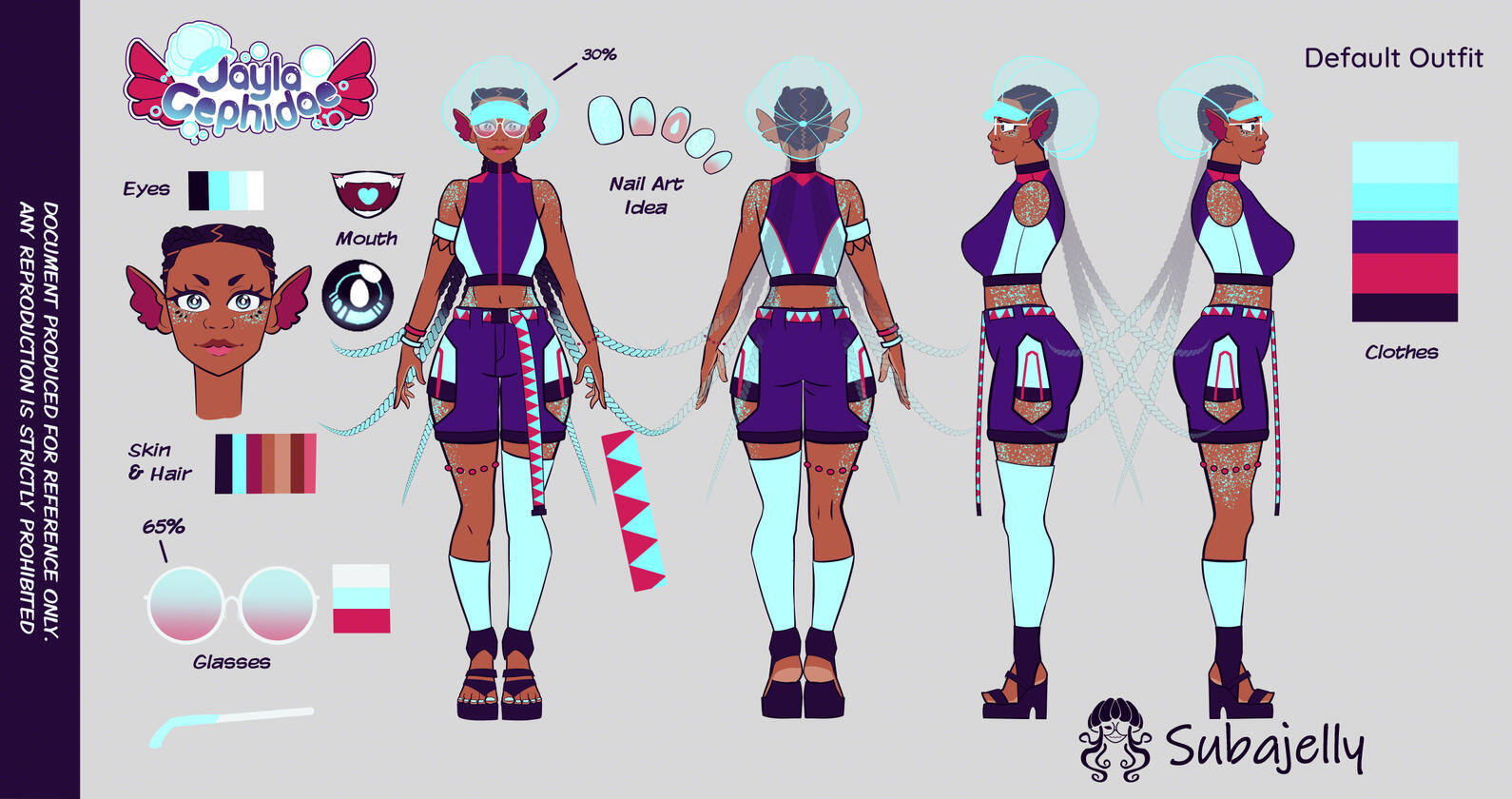 Turnaround Sheet of Jayla Cephidae. She wears a sleeveless two-piece surfer suit, but she wears baggy cutout shorts over the swimshorts with a long belt. She has asymmetrical stockings, various armbands, and tall strap sandals, and a pair of glasses