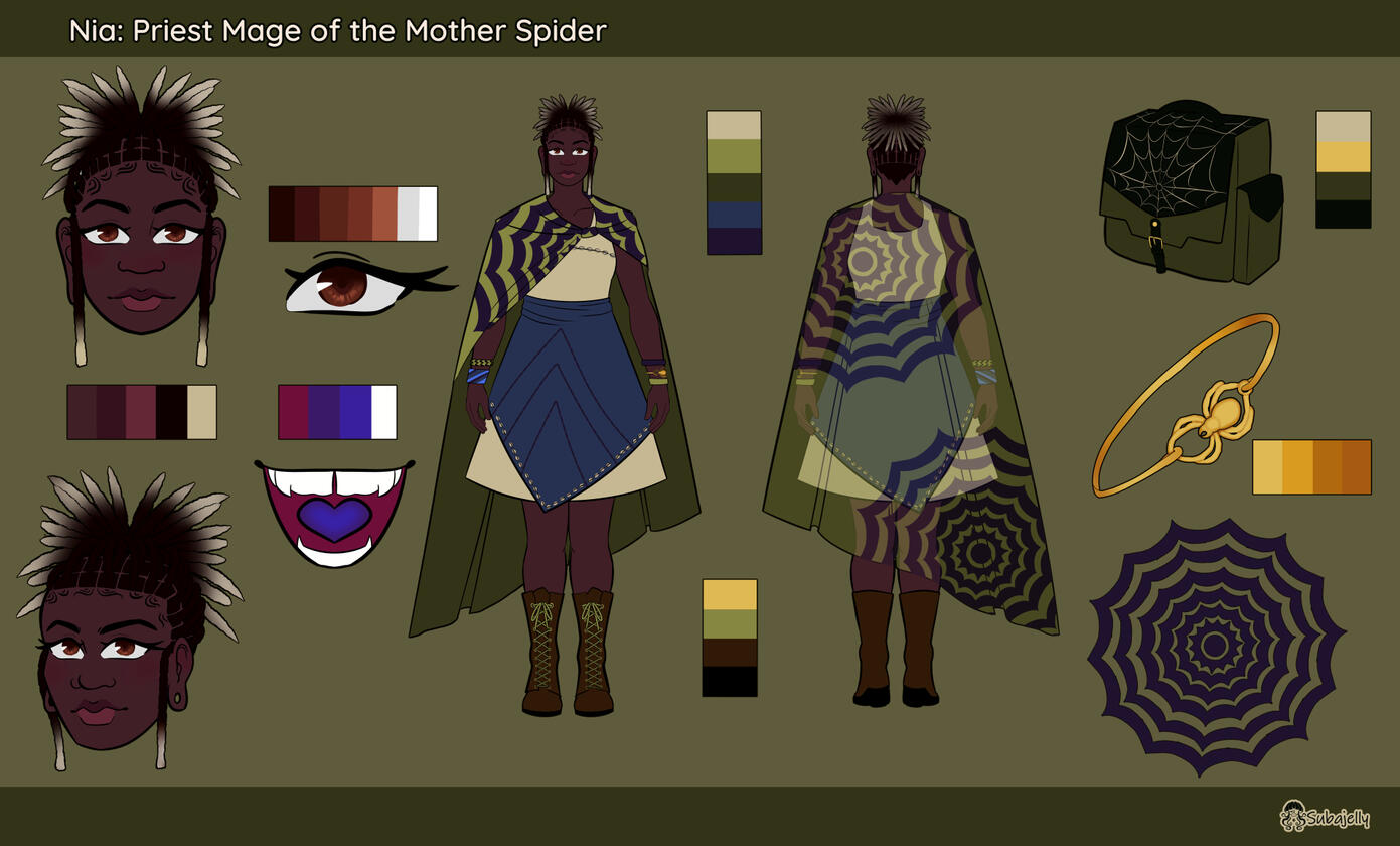 Character sheet for BasilNTH’s Pathfinder OC Nia. She’s an average-sized Black woman with haired styled in a spiky loc ponytail. She wears a knee-length modified shuka with embroidery and cowry beads. A cloak over her shoulders has a spiderweb pattern, and