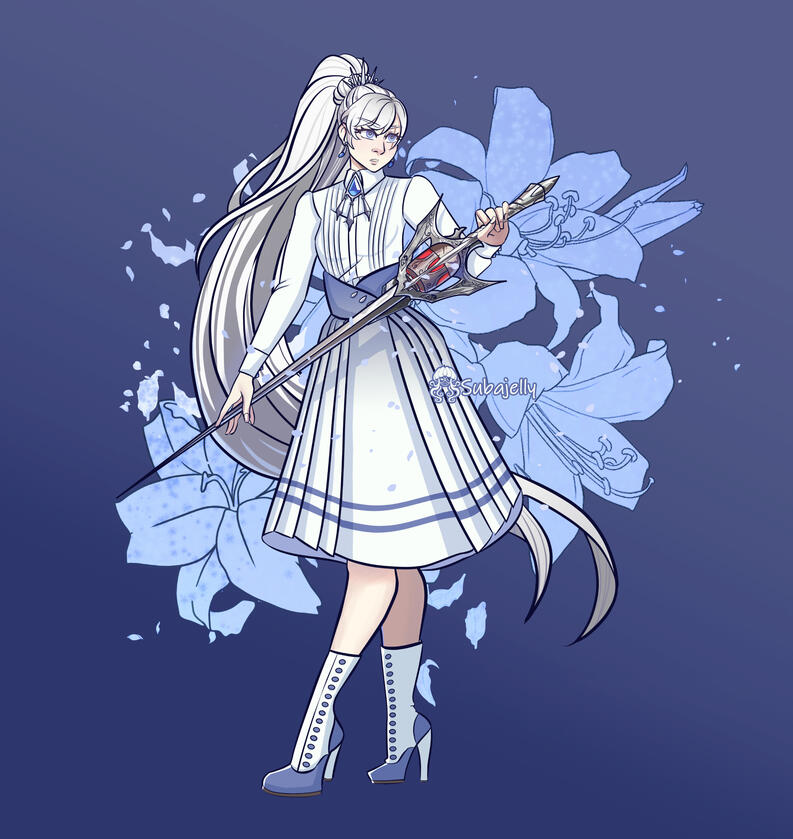 Weiss Schnee Stands in front of frosted lilies, sword at the ready. She wears an Edwardian ensemble of a white button down with puffy sleeves, and a long bell-shaped pleated skirt. She still keeps her original choker, restricting her.