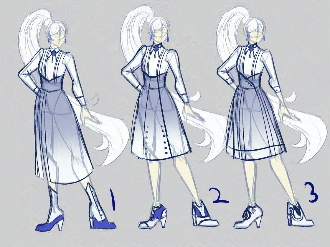 Weiss Vol 4 Sketches Weiss Schnee in a long-sleeved blouse and varying knee-length skirts, with mary jane shoes or ankle boots and a diamond choker