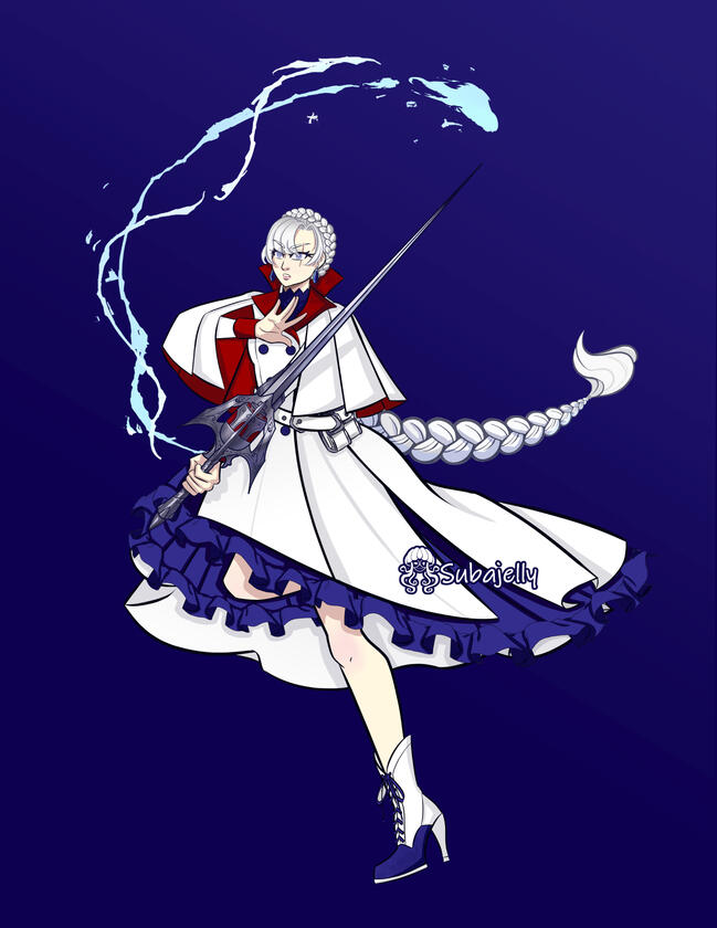 Weiss Schnee dashes forward with Mertenaster casting her sigil magic. She wears a peatcoat dress with a short cape at the shoulders, and her ruffles skirt billows around her as she runs towards a fight.