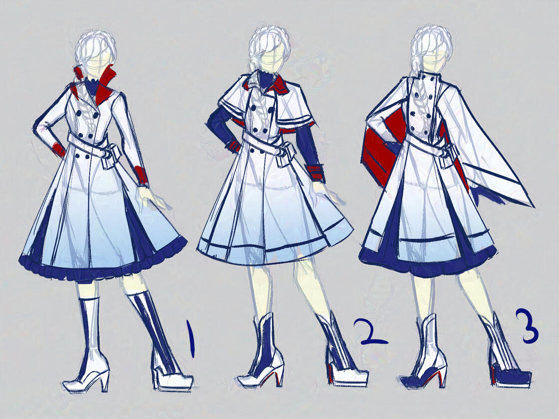 Weiss in 3 variations of a peat-coat dress, the first more traditional with open lapels, the second with a small cape and dark sleeves, and the third that's more reminiscent of a military cape uniform.