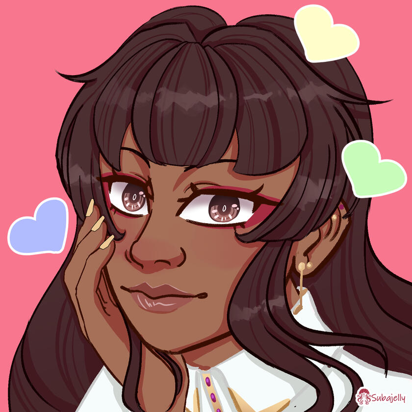 Portrait of Vtuber C7andr7. She’s a brown-skinned black woman with long straight hair with whispy bangs. She rests her chin in her manicured hand to smile at the viewer, in her button up with gold trim, gold dangly earrings swaying. Her face is surrounded