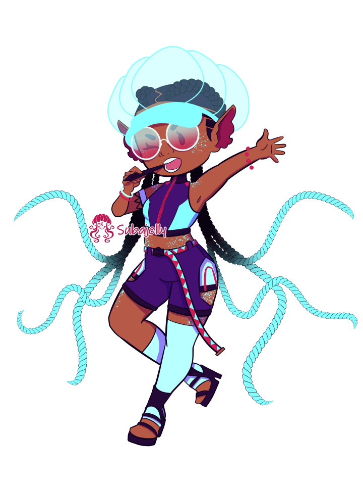 Chibi of Jayla Cephidae, jumping in the air waving with one hand, stylus held to her mouth in another hand.