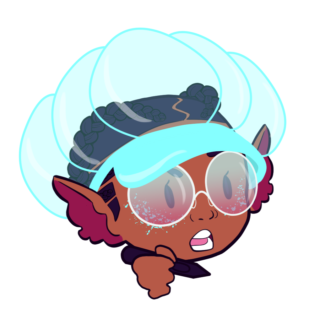 Chibi Head of Jayla Cephidae, holding a stylus with her mouth open in thought